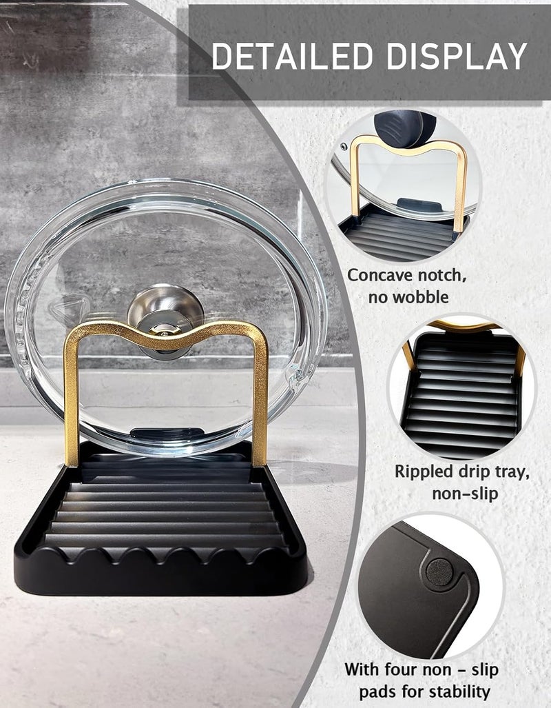 CHANNICORNER Anti-Rust Metal Spoon Rest with Lid Holder, Heat-Resistant Pot Lid Rest, Multifunctional Spatula Holder While Cooking for Stovetop and Kitchen Counter – Black Gold - Image 3